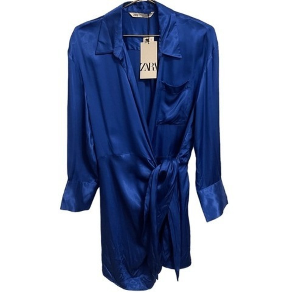 Zara Royal Blue Satin Wrap Mini Dress Long Sleeve Side Tie Cobalt